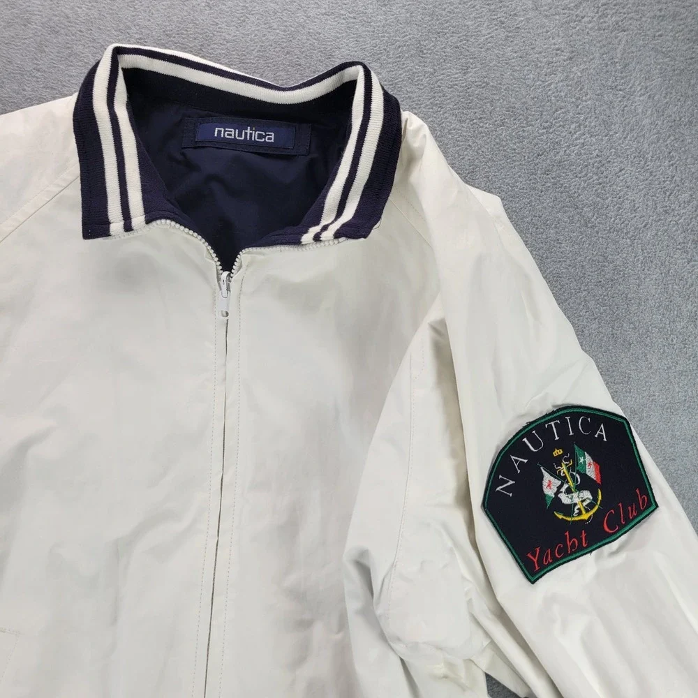 Nautica Yacht Club Reversible Bomber Jacket Mens L White Navy Blue Vintage NWT‎